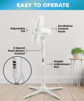 Three Speed 16 Inch Oscillating Pedestal Fan With 90 Degree Head Adjustable Height And Tilt Powerful Airflow For Home Or Office Perfect For Dorms And Living Rooms Black MTFS-16B-BLK with labeled controls.