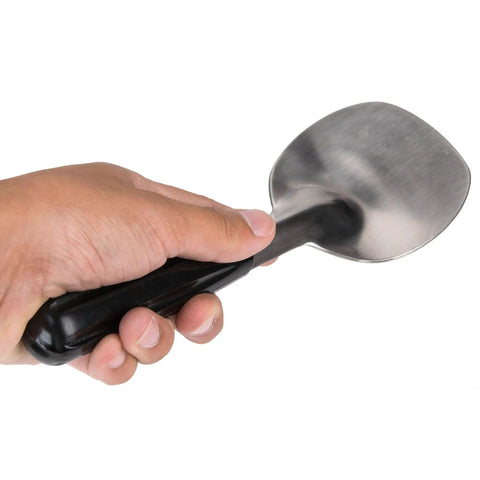 Hand holding stainless steel ice cream spade with no slip grip built to last heavy duty handle BPA free and dishwasher safe easy scoop