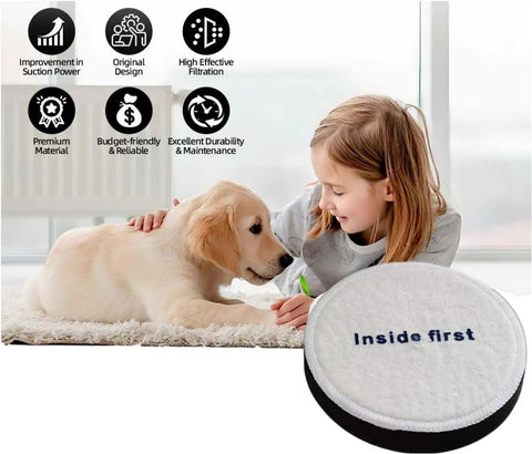 Replacement Filters For NEU Series Upright Vacuum Cleaners Great For Pet Hair Odors Dirt Dust Removal next to dog and child