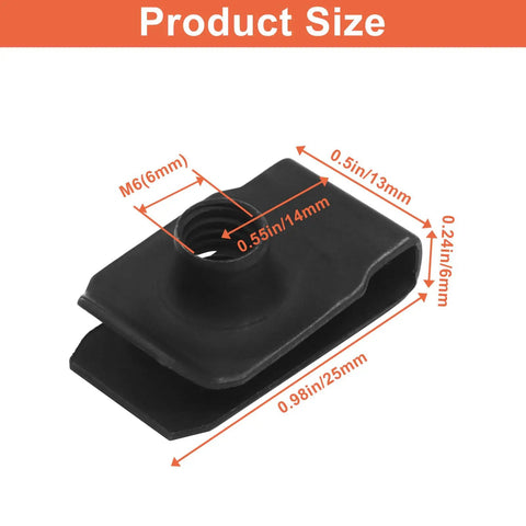 Top Shelf M6 U Style Clip Nuts, 25 Piece Black Automotive Bumper Fender Fastener Kit, close-up showing dimensions.