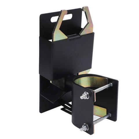 Heavy Duty Two Way Lockable Gate Latch For Round Tube Fences With Auto Close Mechanism and Integrated Padlock Loop showing black and metallic finish.