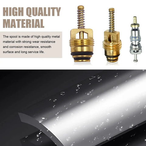 Metal car AC valve cores and port with text 'High Quality Material'. Part of Seven Piece Car AC Valve Core Kit With Caps And Anti Leak Cores.