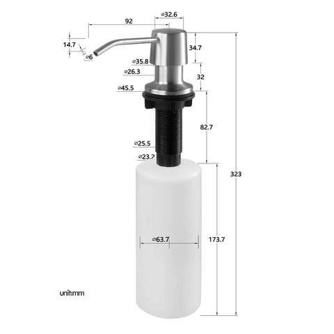 Diagram of Oil Rubbed Bronze Kitchen Soap Dispenser With Pump, 16 Oz, with 4 Inch Spout and dimensions labeled in millimeters