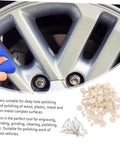 Close-up of car wheel being polished with 120 Pcs Wool Polishing Wheels Set With Arbor Shaft for rotary tools.