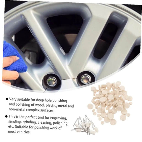 Close-up of car wheel being polished with 120 Pcs Wool Polishing Wheels Set With Arbor Shaft for rotary tools.