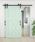 Heavy Duty Carbon Steel Sliding Barn Door Track Hardware Kit With Ceiling Mount, black powder coated, installed on wooden doors
