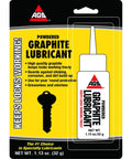Front view of AGS Mr Zip Graphite Powdered Lubricant bottle on bright yellow packaging, 1.13 oz