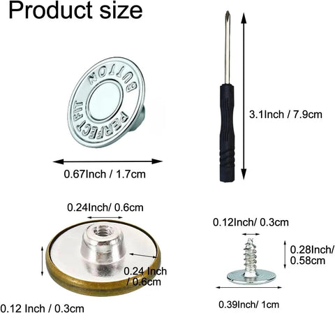 Jeans Button Replacement Kit With Ten Metal Snap Buttons And Tools For Quick No Sew Installation Bronze Finish Easy Snap In System sizing details