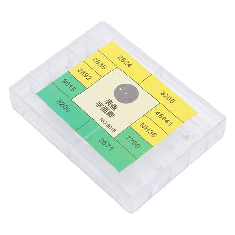Transparent box of Pro Grade Watch Dial Feet Tool Set With Alloy Dial Feet And Plastic Parts, labeled sections for watchmakers.