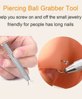 Piercing Taper Kit For Threadless And Internal Threaded Jewelry Changing Tools 20G 16G 18G Straight And Curved Tapers With Ball Grabber Tool Earring Nose Labret Stud Applicator Pro Gear shown with hand holding a tool.