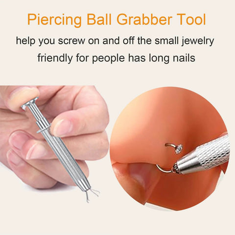 Piercing Taper Kit For Threadless And Internal Threaded Jewelry Changing Tools 20G 16G 18G Straight And Curved Tapers With Ball Grabber Tool Earring Nose Labret Stud Applicator Pro Gear shown with hand holding a tool.
