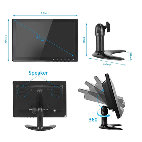 Sweet 10.1 Inch Rimless IPS Monitor With 1280x800 Display And Built In Speaker, Flexible Ports HDMI VGA AV BNC USB shown with dimensions