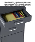 Open drawer view of Three Drawer Vertical File Cabinet for Office Lockable and Mobile Holds Letter Size Documents Charcoal Steel Organizer