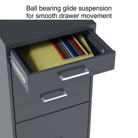 Open drawer view of Three Drawer Vertical File Cabinet for Office Lockable and Mobile Holds Letter Size Documents Charcoal Steel Organizer
