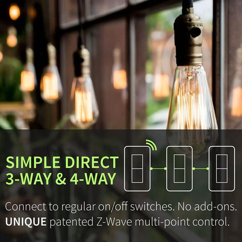 Long Range Z-Wave Dimmer Switch S2 800LR White For No-Fuss 3-Way And 4-Way Setups information overlay on LED bulbs