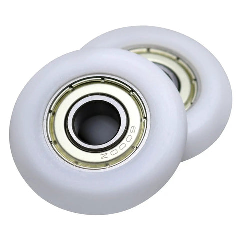 Slick Rolling 10x40x10mm Bearing Pulley With 6000ZZ Spherical Roller Nylon And Rubber Wheels Heavy Duty 4 Pack showing two white pulleys.