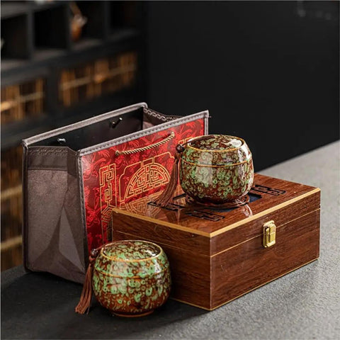 Kick Up Your Pantry Game With These Premium Ceramic Sealed Storage Jars For Loose Tea And Coffee Beans Featuring Ridiculously Tight Lids Really Cool Retro Double Bin Gift Box Organizer - ceramic jars with intricate designs and wooden box.