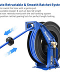 Heavy Duty Auto Retractable Air Hose Reel 3/8X75Ft Hybrid Build With 300Psi Max Pressure showing auto rewind and ratchet system.