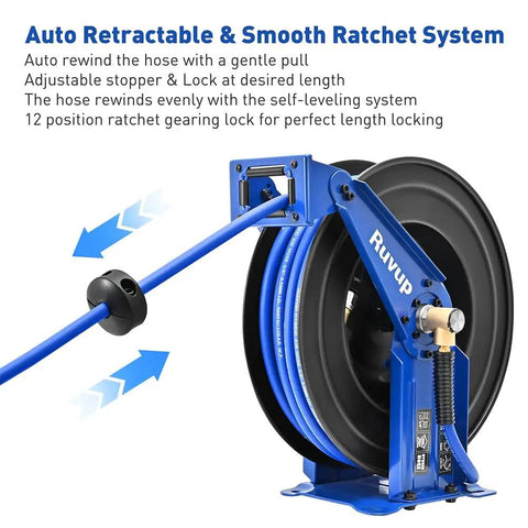 Heavy Duty Auto Retractable Air Hose Reel 3/8X75Ft Hybrid Build With 300Psi Max Pressure showing auto rewind and ratchet system.