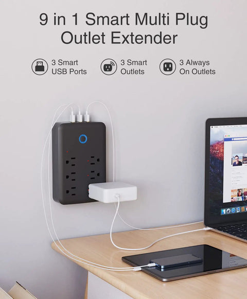 No Fuss Smart Power Strip With USB Surge Protection And Wall Adapter Three Individually Controllable Outlets and USB ports in use