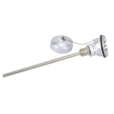 Side view of One Half Inch NPT Thread Thermocouple Terminal Head PT100 Stainless Steel Temperature Sensor Probe 200mm Length