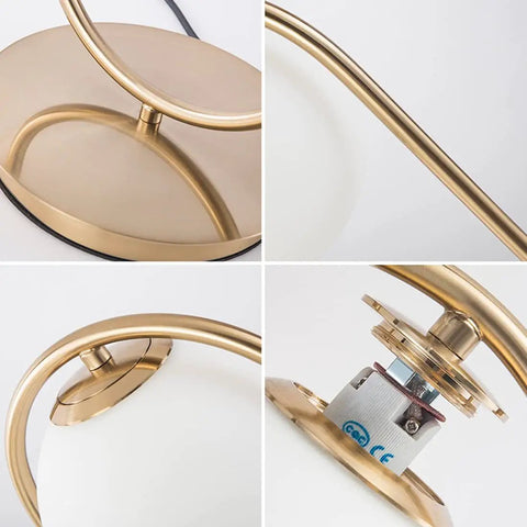 Close-up collage of Dope Gold Globe Table Lamp With White Glass Shade For Bedside And Desk Mid Century Modern Style Metal Parts