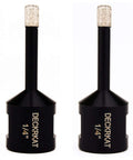 Two 1/4-inch dry diamond tile drill bits with diamond-coated tips in black holders.