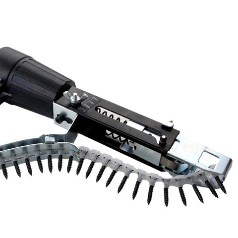 Badass Adjustable Automatic Chain Screw Gun Adapter For Drywall And Plasterboard Auto Feed Nailing Machine Attachment close-up with screws.