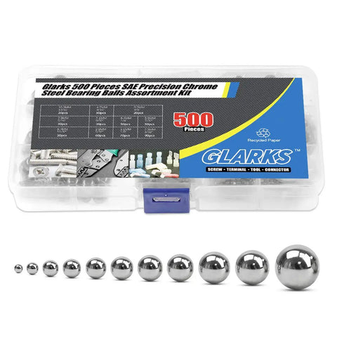 Top Shelf Sae Precision Chrome Steel Ball Bearings 500 Piece Assorted Bike Tool Kit in clear case with assorted sizes visible