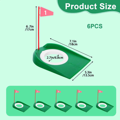Six Pack Golf Putting Cups With Flags, plastic mini golf hole with size dimensions for indoor and outdoor practice