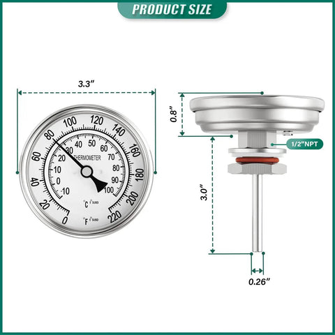 Half Inch NPT Bimetal Thermometer Rugged Back Mount 3.2 Inch Dial 3 Inch Stainless Steel Stem Dual Scale Celsius Fahrenheit