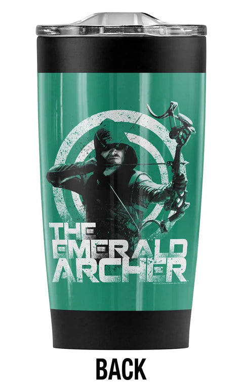 20 Oz Double Wall Vacuum Insulated Stainless Steel Tumbler With Slide Top Leakproof Lid featuring The Emerald Archer design on back.