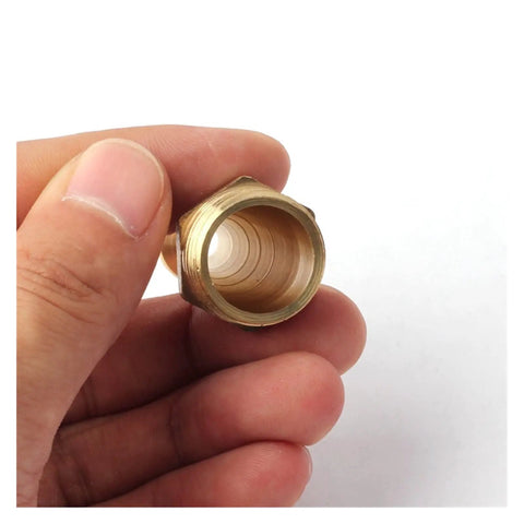 Top Shelf Brass Garden Sprinkler Hose Nozzle Set Five Piece Kit showcasing a half inch male threaded connector detail in hand.