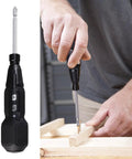 Cordless 3.6V Electric Screwdriver Set With LED Lamp, Auto Torque shown in use for wood assembly, ideal for DIY projects.