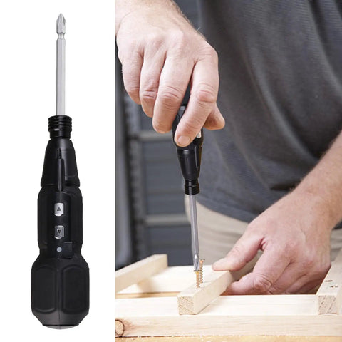 Cordless 3.6V Electric Screwdriver Set With LED Lamp, Auto Torque shown in use for wood assembly, ideal for DIY projects.