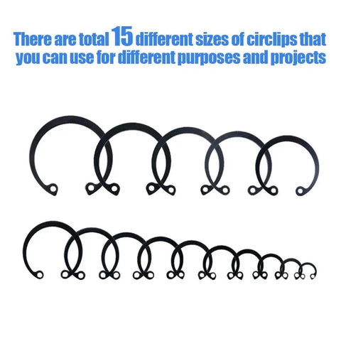 Internal Circlips Snap Ring Assortment Kit, 150 Pieces in 15 Sizes shown in circle shape on white background