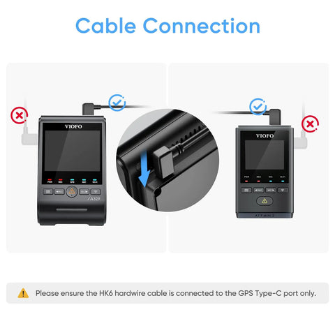 Type C HK6 Hardwire Kit With 8 Piece Fuse Tap for A329S/A119M Pro cable connection guide with GPS Type-C port, preventing battery drain.