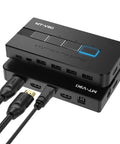 Hella Smooth 4 Port HDMI KVM Switch with USB connections and HDMI ports for seamless device switching.
