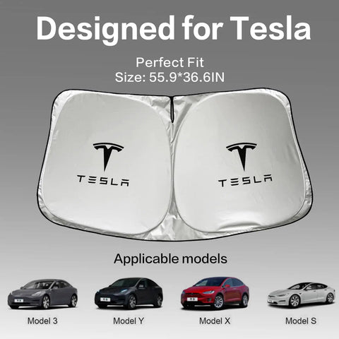 Tesla Model 3 And Model Y Front Window Sunshade 300T High Density Shade With Organizer Bag 2026 Car Accessory Display