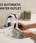 Automatic Sensor Touchless Bathroom Sink Faucet In Chrome Hands Free Battery Powered Modern Vanity Tap With Deck Plate Control Box And Temperature Mixer Easy Install No Touch Convenience, showing faucet with water flowing over hands.