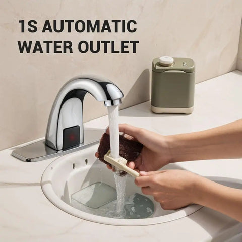 Automatic Sensor Touchless Bathroom Sink Faucet In Chrome Hands Free Battery Powered Modern Vanity Tap With Deck Plate Control Box And Temperature Mixer Easy Install No Touch Convenience, showing faucet with water flowing over hands.