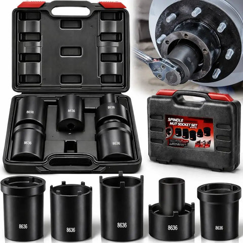 Spindle Nut Socket Tool Kit, 5-Piece Half Inch Drive Set For Ford Dana 44 50 60, includes sockets and storage case