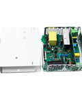 Beefy 24V DC Power Supply Dual Output 120W For DIN Rail Mount internal view showing circuit components and enclosure parts, blue industrial casing