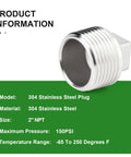 Two Pack Outer Square Thread Socket Pipe Plug Fitting 2 Inch NPT Male 304 Stainless Steel Corrosion Resistant Industrial Grade Plumbing Connector