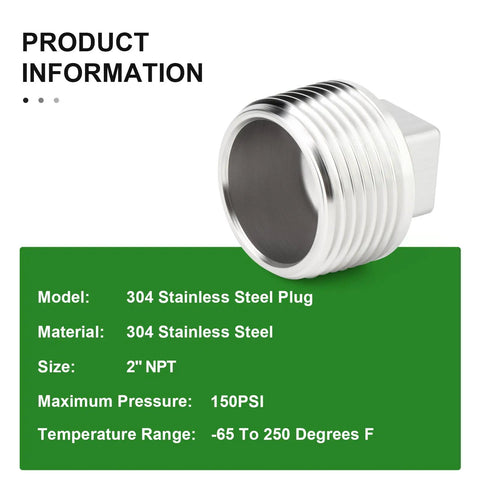 Two Pack Outer Square Thread Socket Pipe Plug Fitting 2 Inch NPT Male 304 Stainless Steel Corrosion Resistant Industrial Grade Plumbing Connector