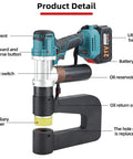 Pro-Grade Cordless Hydraulic Punch Kit with 6000mAh Battery, showing features like start switch, lithium battery, and oil reservoir bag.