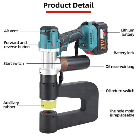 Pro-Grade Cordless Hydraulic Punch Kit with 6000mAh Battery, showing features like start switch, lithium battery, and oil reservoir bag.