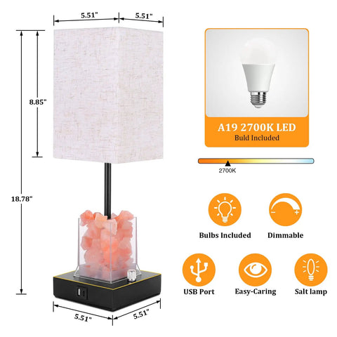 Touch Table Lamp With USB Ports And Himalayan Salt Nightstand Light, 3-Way Dimmable Bedside Lamp With LED Bulb, Size Details