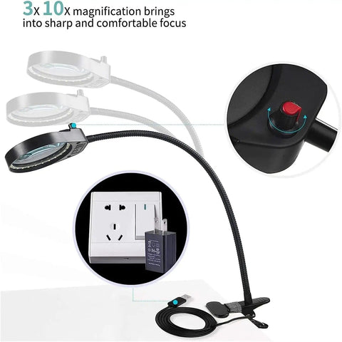 Desk Magnifier Lamp With 3X And 10X Loupes Lighted Clip On Magnifier for PCB Inspection with flexible gooseneck and adjustable brightness