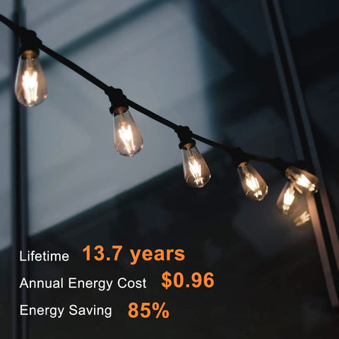 Retro Edison LED Filament Bulbs 8W ST58 Dimmable With 60W Equivalent, 800 Lumens in outdoor string lights display.